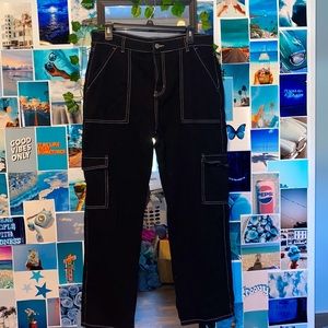 Black wide leg jeans with white detailing. Size XL